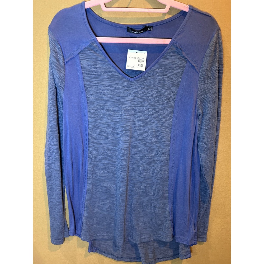 Doe & Rae Long Sleeve Top Womens Medium Blue NEW Mixed Media V-Neck